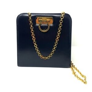 Salvatore Ferragamo Gancini Black Leather Shoulder Bag – Iconic Gold Logo